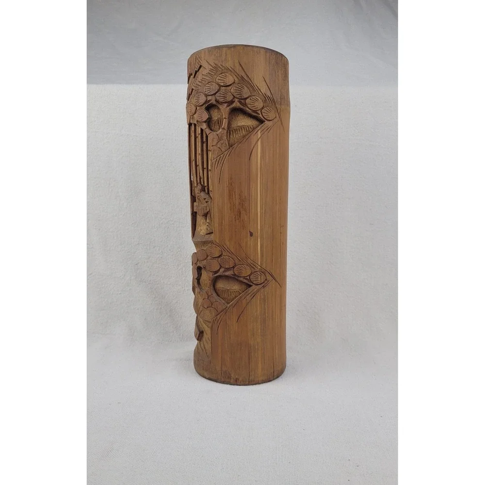 Vintage Hand Carved Bamboo Brush Pot Vase Asian Forest Relief Scene 12 Inch‎